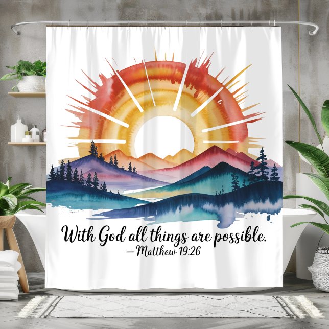 Watercolor Mountain Sunrise Bible Verse Duschvorhang (Von Creator hochgeladen)