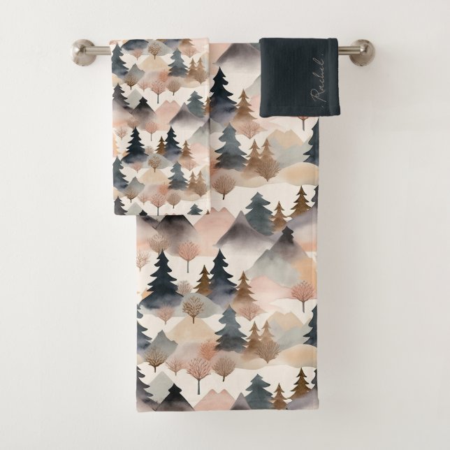 Watercolor Mountain Tree Boho Monogram Badhandtuch Set (Insitu)