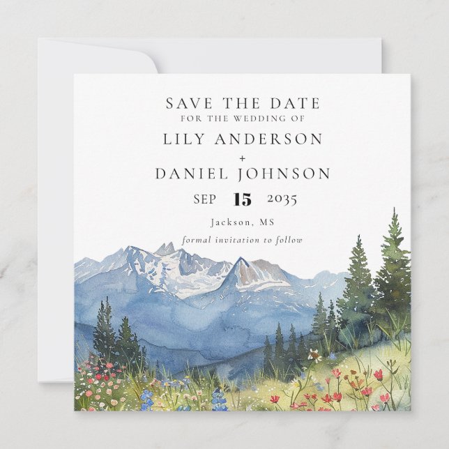 Watercolor Mountain Wildflower Floral Wedding Save The Date (Vorderseite)