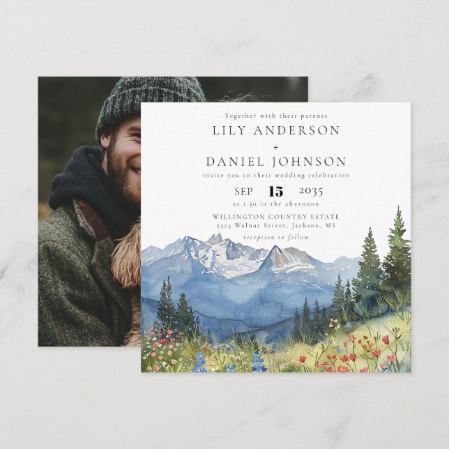 Watercolor Mountain Wildflower Photo Wedding Einladung (Vorne/Hinten)