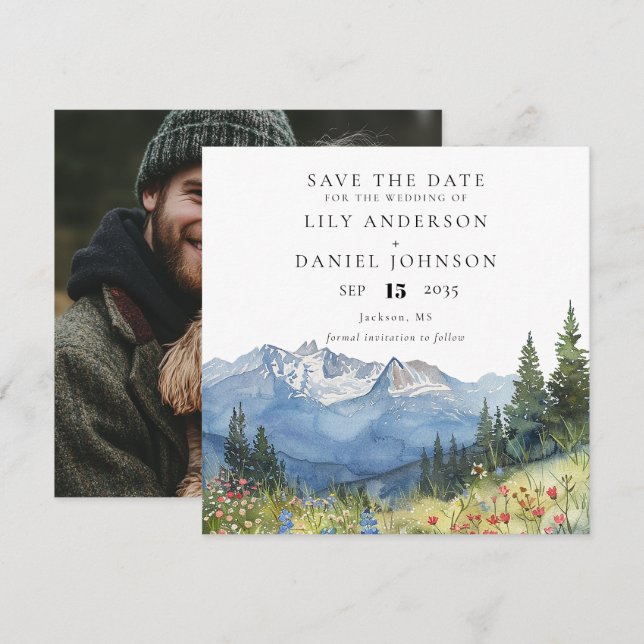 Watercolor Mountain Wildflower Photo Wedding Save The Date (Vorne/Hinten)