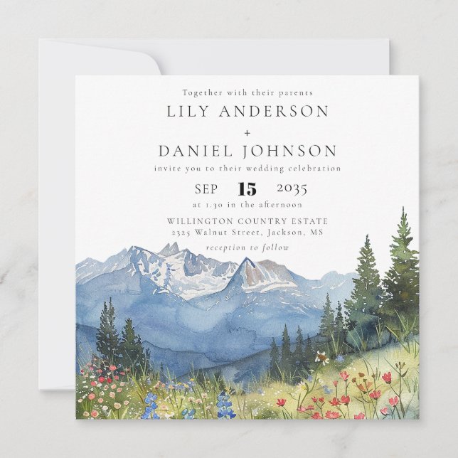 Watercolor Mountain Wildflower Wedding Einladung (Vorderseite)