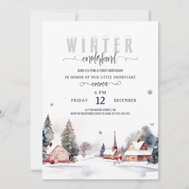 Watercolor Mountain Winter onederland 1st birthday Einladung (Vorderseite)