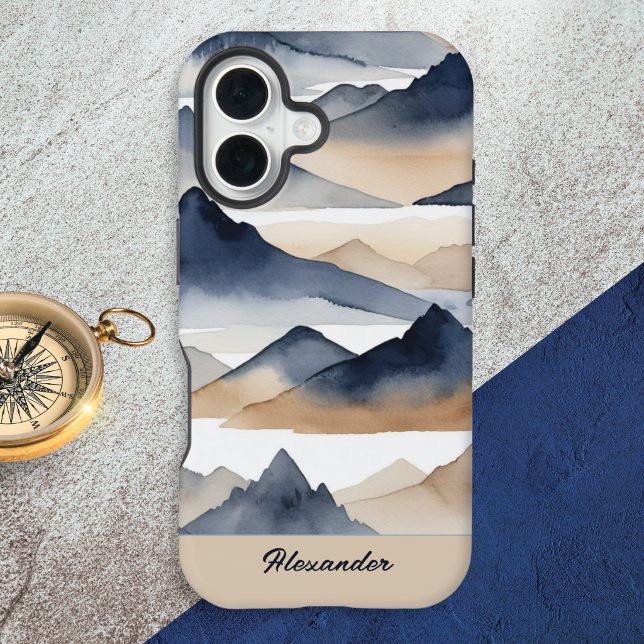 Watercolor Mountains Personalized Name iPhone 16 Hülle (A phone case with mountains design in a watercolor style, personalized with a name in a script font)
