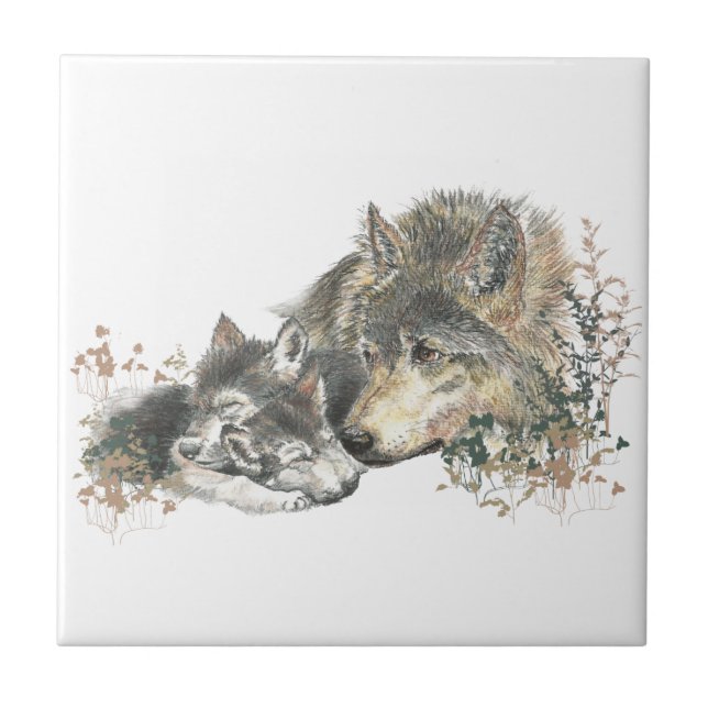 Watercolor Mutter Wolf & Cubs Art Fliese (Vorderseite)