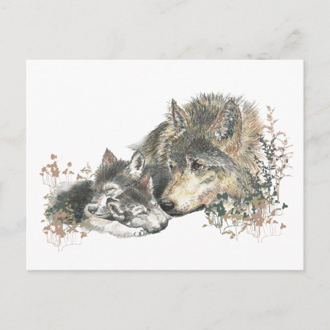 Watercolor Mutter Wolf & Cubs Art Postkarte (Vorderseite)