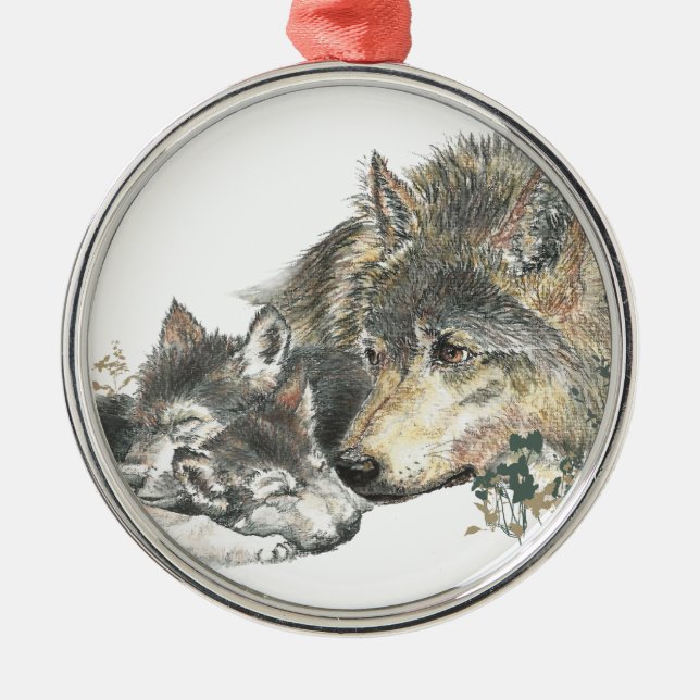 Watercolor Mutter Wolf & Cubs Art Silbernes Ornament (Vorne)