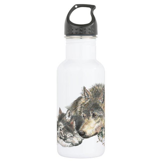 Watercolor Mutter Wolf & Cubs Art Trinkflasche (Vorderseite)