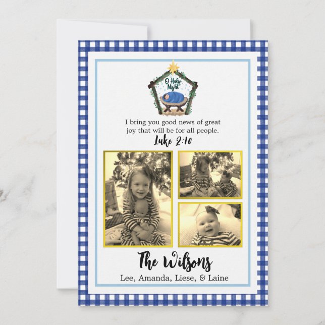Watercolor Nativity Blue Karierte Weihnachtskarte Ankündigung (Vorderseite)
