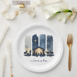 Watercolor Nativity Scene a Savior is Born Holiday Pappteller