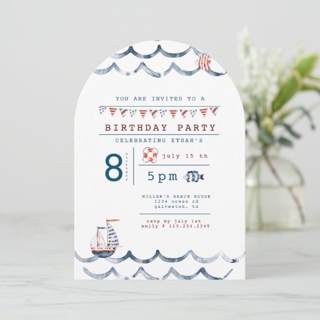 Watercolor Nautic Birthday Party Einladung (Stehend Vorderseite)