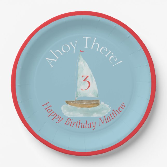Watercolor Nautical Sailboat Birthday  Pappteller (Vorderseite)