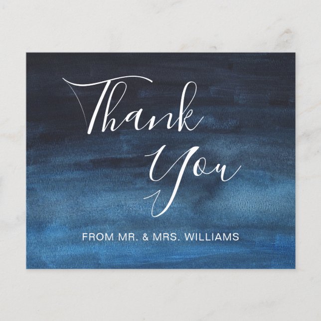 Watercolor Navy Blue Budget Hochzeit Danke Karte (Vorderseite)