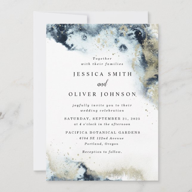 Watercolor Navy Blue & Gold Hochzeit Einladung (Vorderseite)