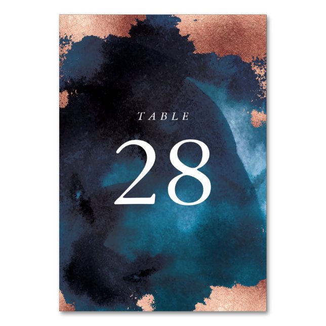 Watercolor Navy Blue Moody Rose Gold Wedding Tischnummer (Vorderseite)