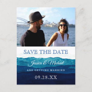 Watercolor Navy Deep Blue Foto Save the Date Einladungspostkarte