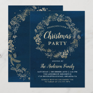Watercolor Navy Gold Wreath Weihnachtsfest Party Einladung