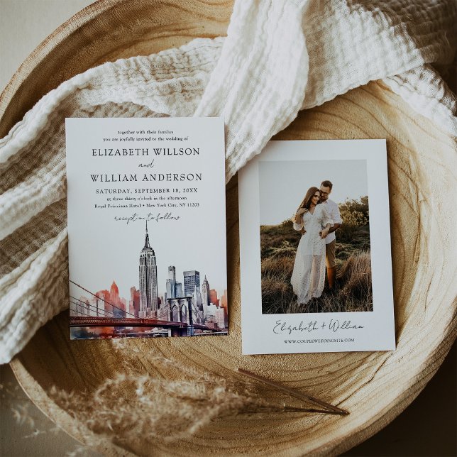 Watercolor New York City Skyline Wedding Foto Einladung (Watercolor New York City Skyline Wedding Photo Invitation)