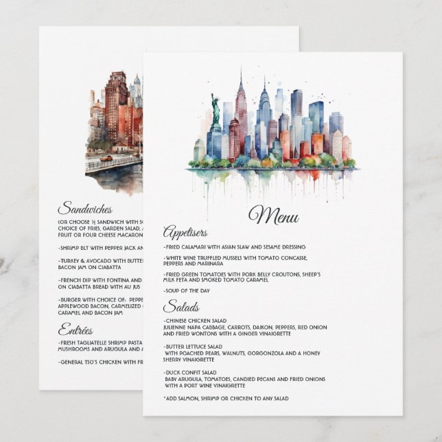 Watercolor New York Wedding Menükarte (Vorne/Hinten)