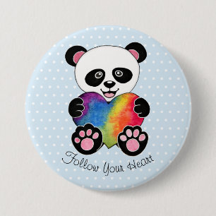 Watercolor-niedlicher Panda mit Regenbogen-Herzen Button