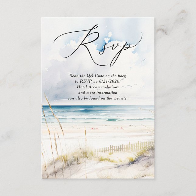 Watercolor Ocean Beach Destination Wedding RSVP Begleitkarte (Vorderseite)