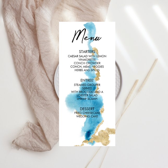 Watercolor Ocean Beach Tropical Island Wedding Menükarte (Von Creator hochgeladen)