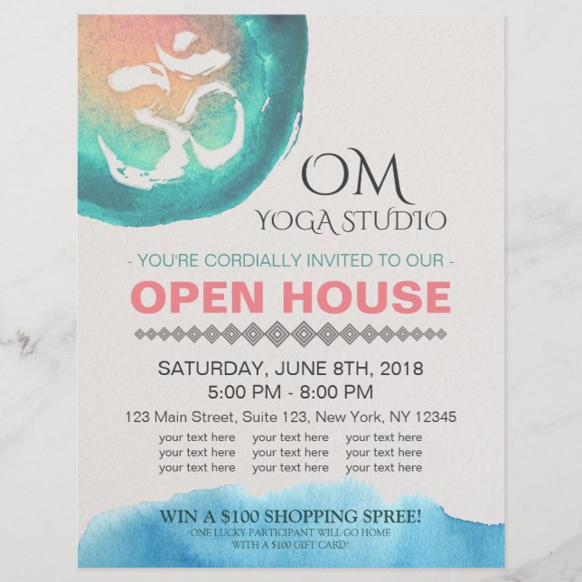 Watercolor Om YOGA Instructor Studio Open House Flyer (Vorne)