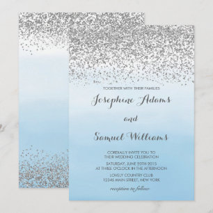 Watercolor Ombre Blue and Silver Glitzer Wedding Einladung