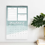 Watercolor Ombre Monatlicher Planerkalender Kalender<br><div class="desc">Einzigartig 12 Seiten monatlicher Kalender beinhaltet ein Kalenderraster unter drei anpassbaren Sektionen, um Ihren Monat zu organisieren, inklusive einer Liste mit Checkboxen, einem Abschnitt für "große Tore" und einem Notizbereich. Jede Seite hat einen schieren Aquarellfarbenhintergrund in sanften Farbtönen von Jadegrün, wobei der Monat in weißen handgeschriebenen Schriften dargestellt wird. Personalisieren...</div>