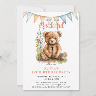 Watercolor Onederful Teddy Bear Girl 1. Geburtstag Einladung