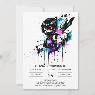 Watercolor Online Ninja Girl Geburtstag Einladung
