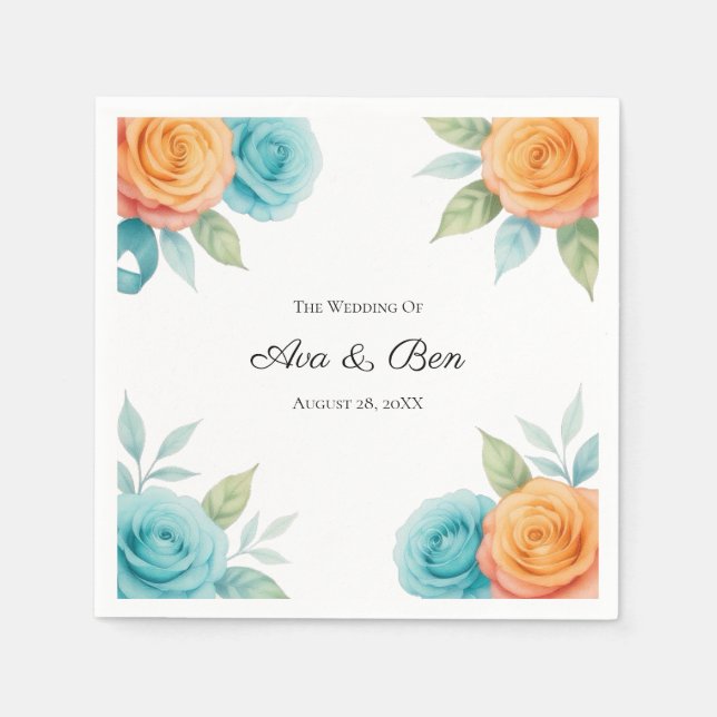 Watercolor Orange and Teal Roses Wedding Serviette (Vorderseite)