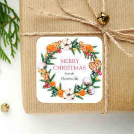 Watercolor Orange Holiday Wreath Frohe Weihnachten Quadratischer Aufkleber