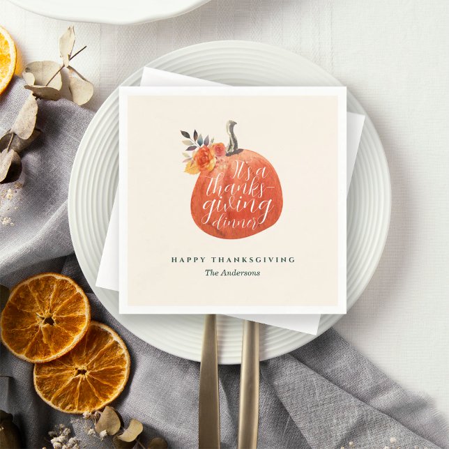Watercolor Orange Pumpkin Friendsgiving Dinner  Serviette (Von Creator hochgeladen)