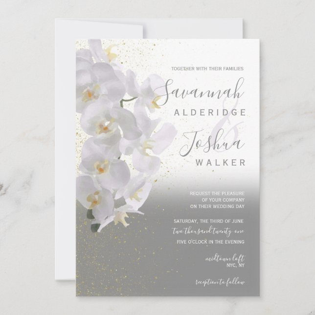 Watercolor Orchid Wedding Einladung I Grau (Vorderseite)