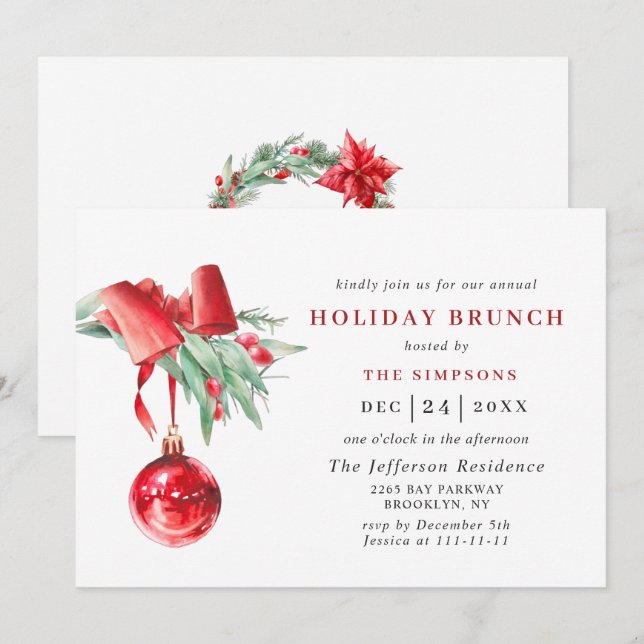 Watercolor Ornament CHRISTMAS HOLIDAY BRUNCH Einladung (Vorne/Hinten)
