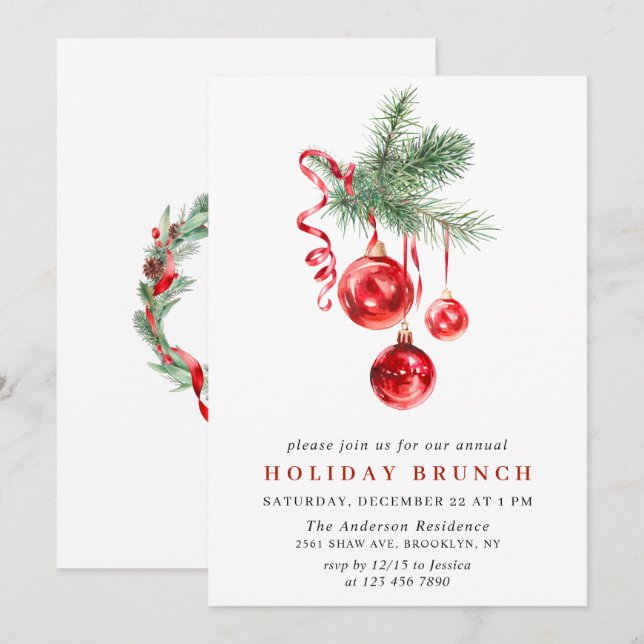 Watercolor Ornament CHRISTMAS HOLIDAY BRUNCH Einladung (Vorne/Hinten)