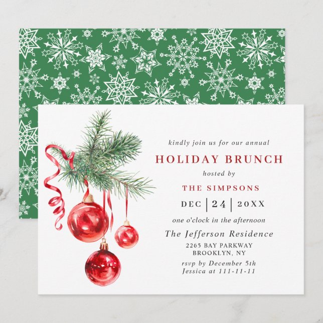 Watercolor Ornament CHRISTMAS HOLIDAY BRUNCH Einladung (Vorne/Hinten)