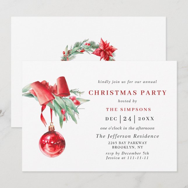 Watercolor Ornament Weihnachtsfeier Invita Einladung (Vorne/Hinten)