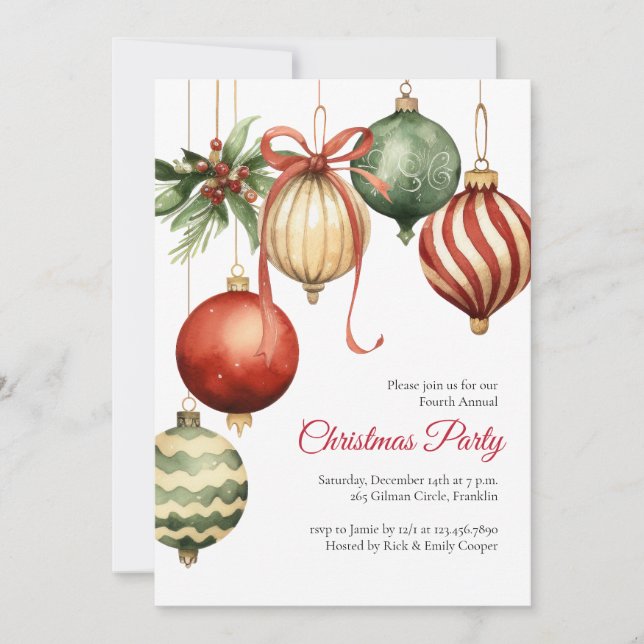 Watercolor Ornaments Holiday Christmas Party Einladung (Vorderseite)