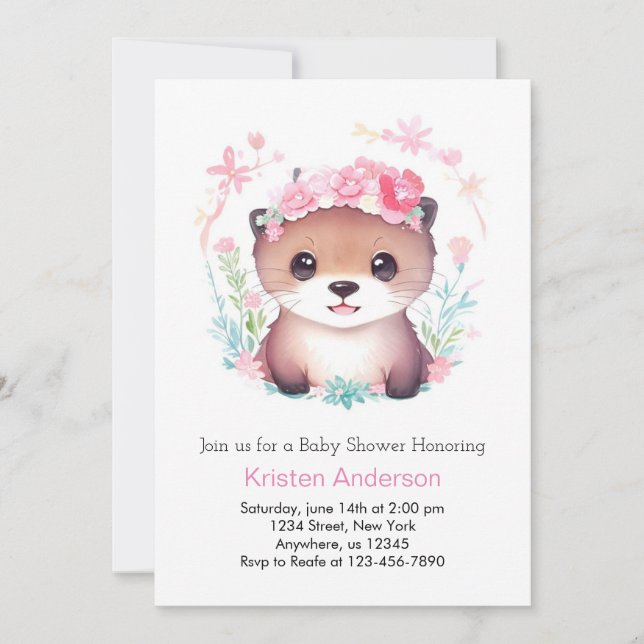 Watercolor Otter Wonderland Girl Babydusche Einladung (Vorderseite)
