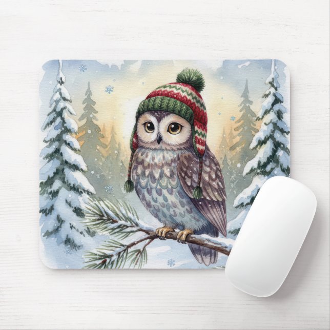 Watercolor Owl In Winter Hat Mousepad (Mit Mouse)