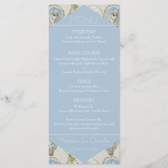 Watercolor Oysters Wedding- Light Blue Flat Menu (Devant)