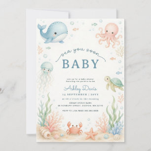Watercolor-Ozean-Tiere Meer Sie bald Baby-Party Einladung