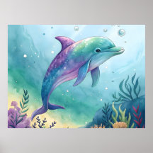 Watercolor painted dolphin