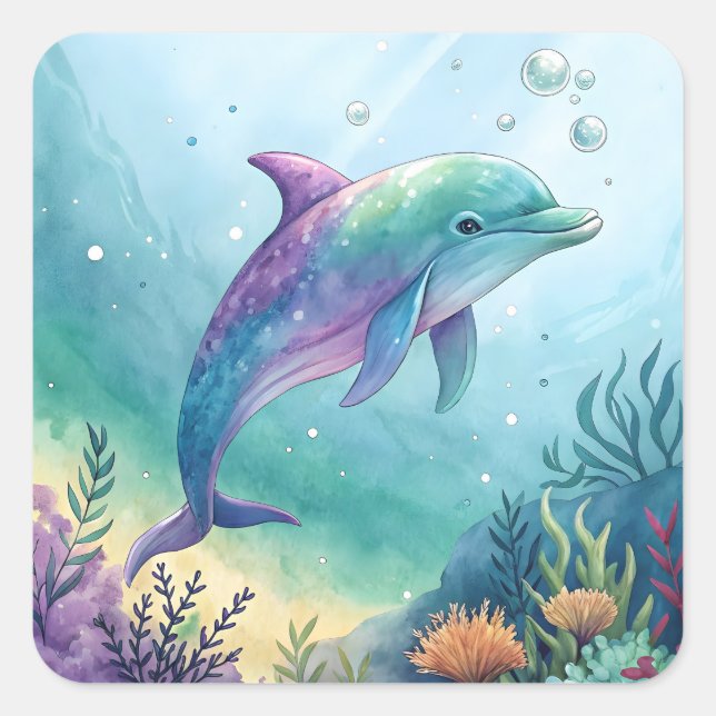 Watercolor painted dolphin quadratischer aufkleber (Vorderseite)