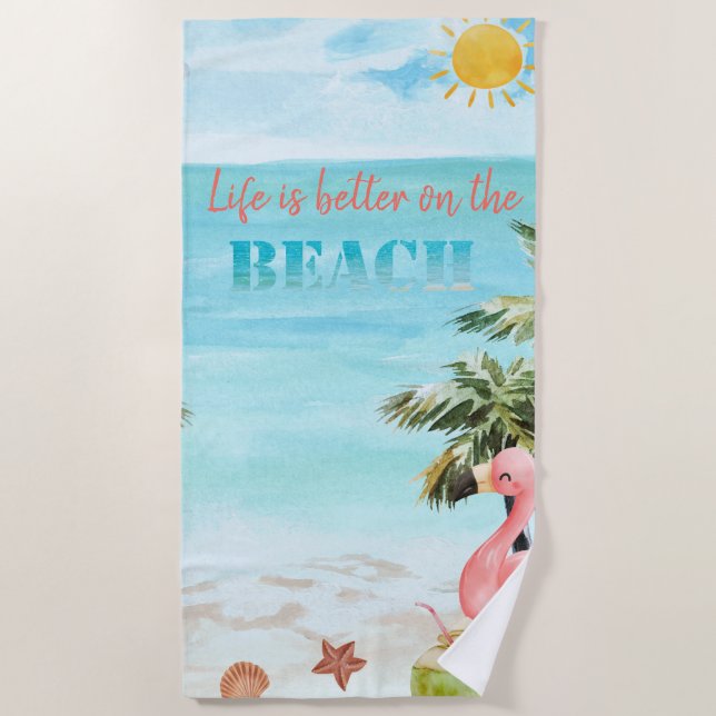 Watercolor Palm Sun Pink Flamingos Strandtuch (Vorderseite)