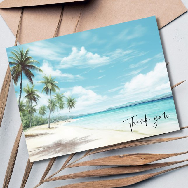 Watercolor Palm Tree Beach Hochzeit Vielen Dank Postkarte (Watercolor Palm Tree Beach Wedding Thank You Postcard)