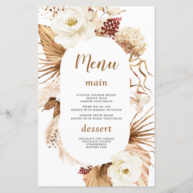 Watercolor Pampas Grass Ivory Floral Menu (Vorderseite)