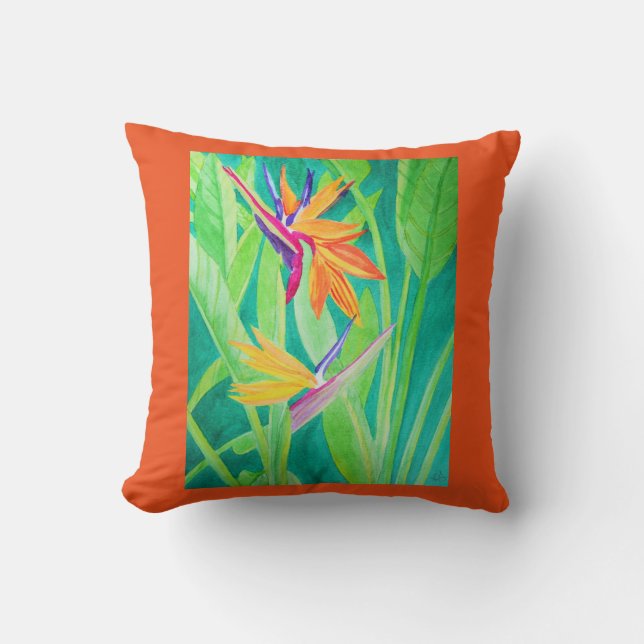 Watercolor-Paradiesvogel Blumen Kissen (Vorderseite)